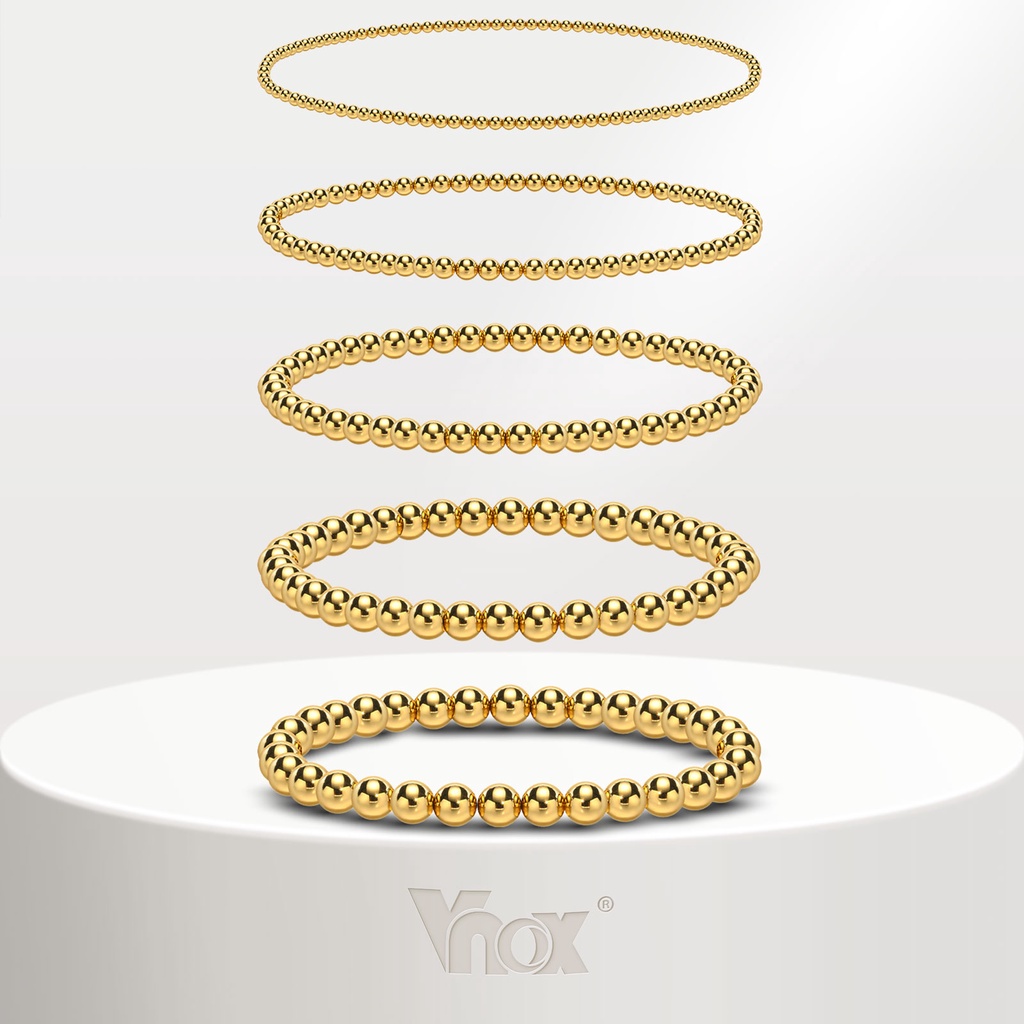 Vnox สร้อยข้อมือ ลูกปัดสเตนเลส 18K ทรงกลม ยืดหยุ่น หรูหรา เครื่องประดับ สําหรับผู้ชาย และผู้หญิง