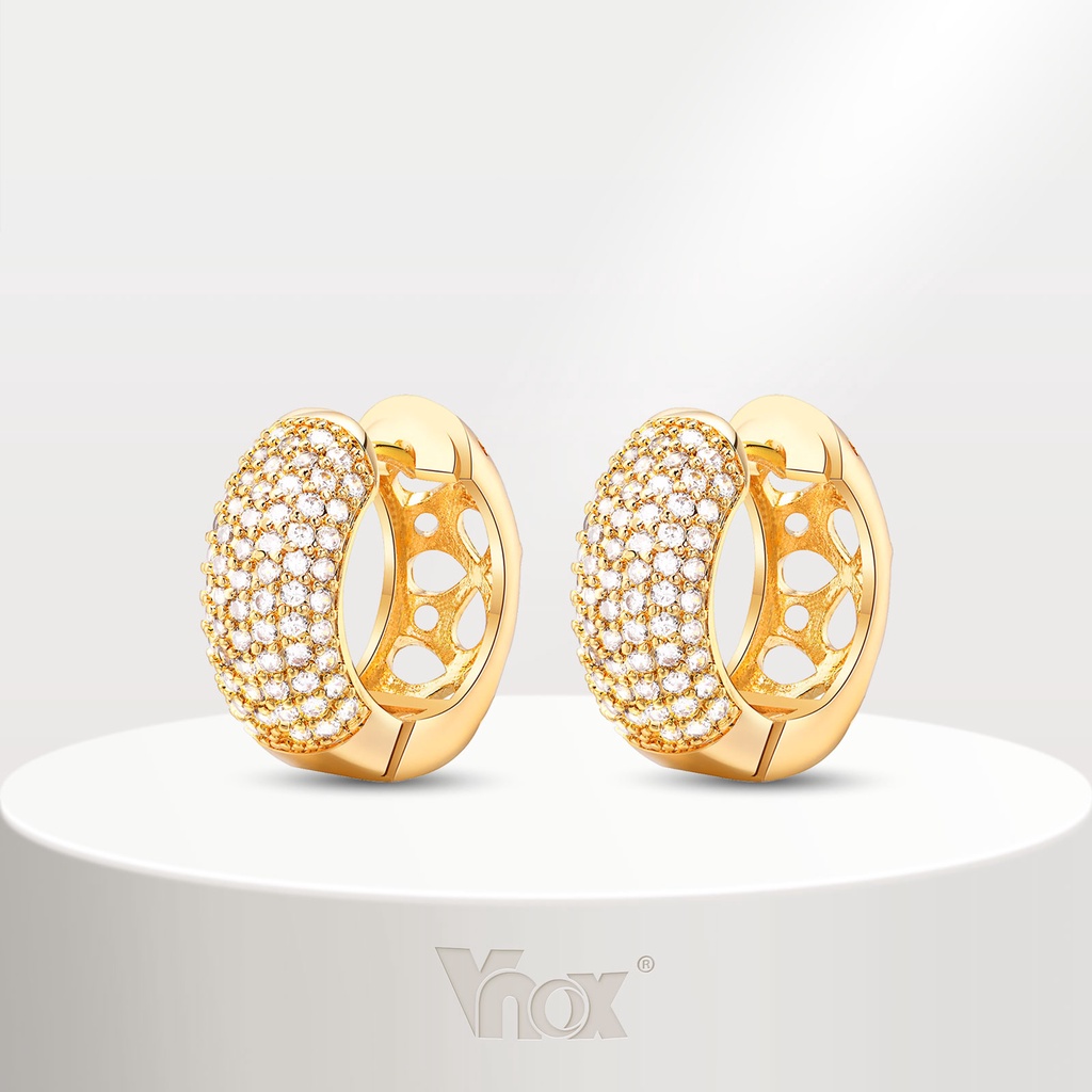 Vnox ต่างหูห่วง ทอง 18K ประดับเพทาย ทรงกลม กันแพ้ แวววาว สําหรับผู้หญิง ผู้ชาย