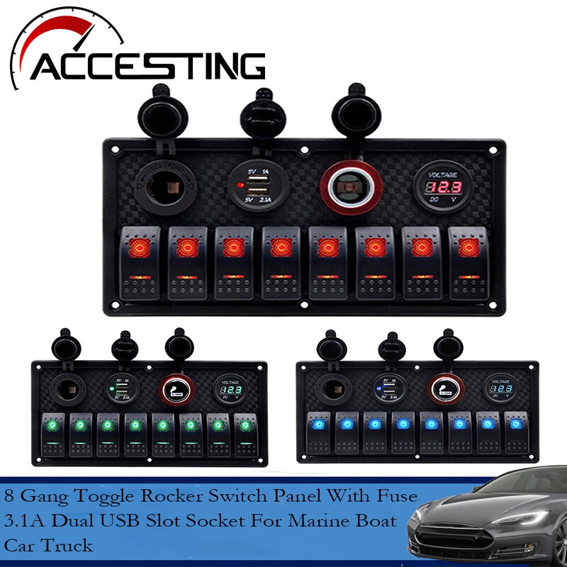 แผงสวิตช์โยก 12V 24V 8 Gang พร้อมที่ชาร์จ USB คู่ เบรกเกอร์ แรงดันไฟฟ้าเกิน ป้องกัน สําหรับรถยนต์ เรือ รถบรรทุก เรือ