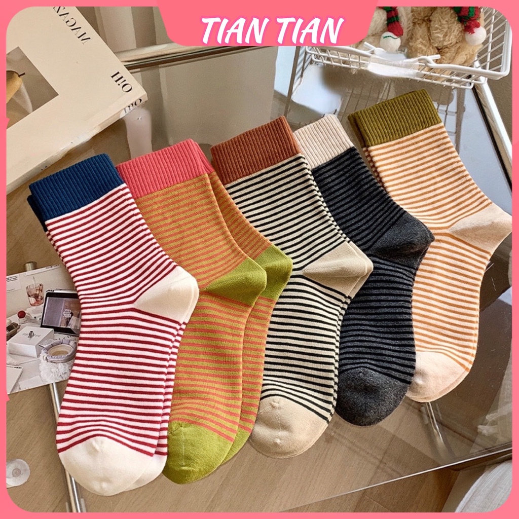 TIANTIAN T330 ถุงเท้า ผ้าฝ้ายแท้ ลายทาง สีตัดกัน เข้ากับทุกการแต่งกาย แฟชั่นฤดูใบไม้ร่วง และฤดูหนาว สไตล์เกาหลี และญี่ปุ่น สําหรับผู้หญิง