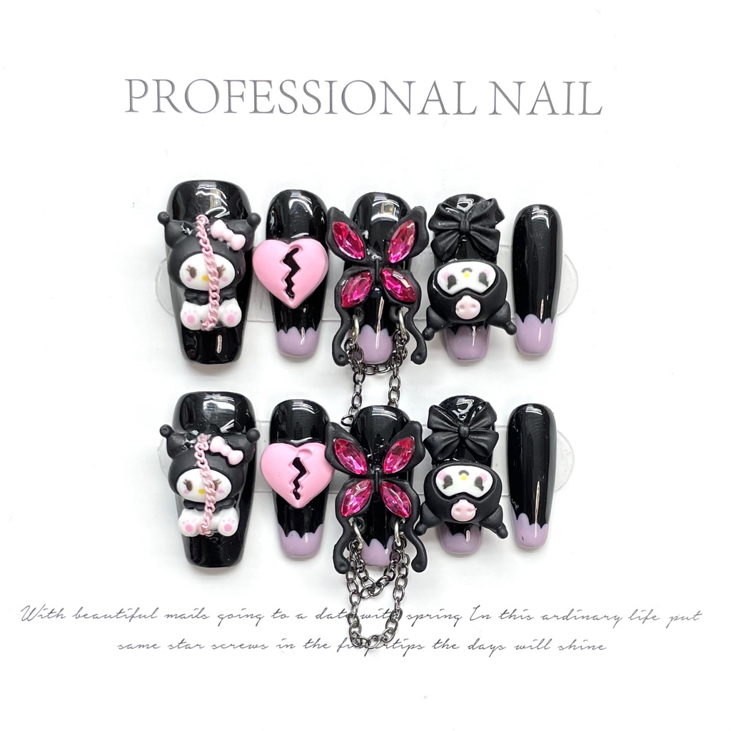 【HANDMADE】เล็บปลอม นํากลับมาใช้ใหม่ได้ สีชมพู สีดํา Y2K