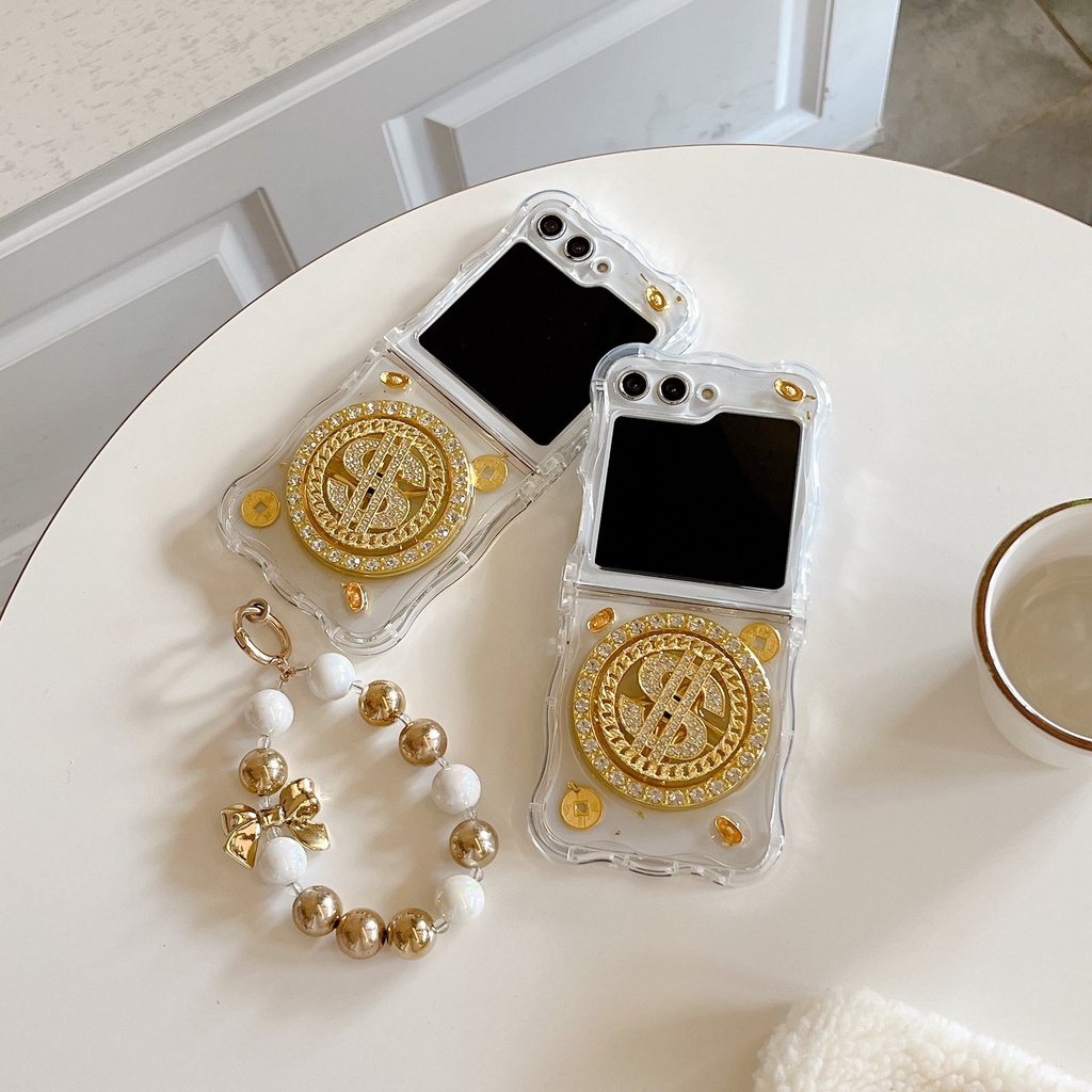 เคสแพลตตินัม หมุนได้ กันกระแทก ลายเหรียญ สีทอง สําหรับ Samsung Galaxy Z Flip3 Flip4 Flip5