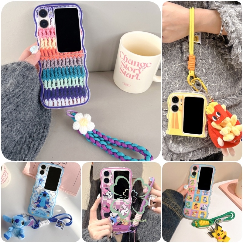 เคสโทรศัพท์มือถือ ซิลิโคนนิ่ม ใส กันกระแทก พร้อมสายคล้อง จี้การ์ตูนน่ารัก สําหรับ OPPO Find N3 Flip Findn2 Flip Find N2