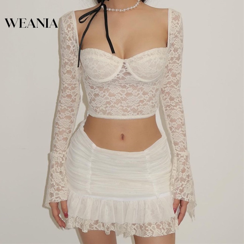 Weania ชุดเสื้อแขนยาว คอสี่เหลี่ยม และกระโปรงลูกไม้ สําหรับผู้หญิง