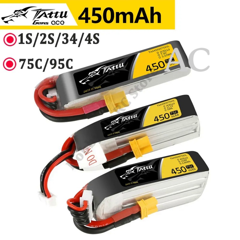 AC Ace Tattu Lipo Battery 7.4V 7.6V 450mAh 1S 2S 3S 4S 75C 95C with XT30 Plug Long Size RC Batteries