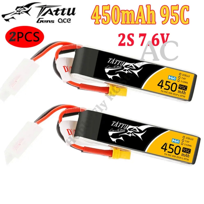 AC 2PCS Tattu 450mAh 7.6V High Voltage 95C 2S1P Lipo Battery Pack with XT30 Plug for RC FPV Racing D