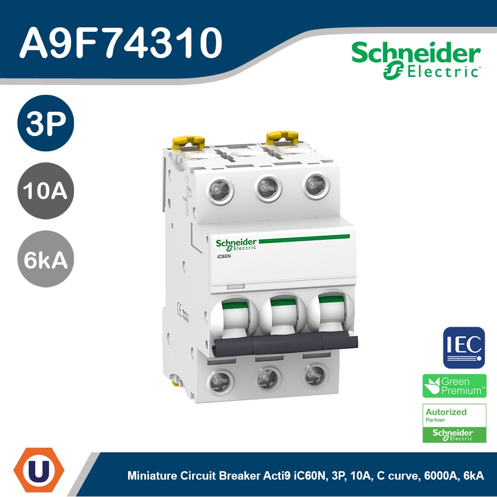 Schneider A9F74310 เบรกเกอร์ลูกย่อย 3โพล 10แอมป์ Miniature circuit-breaker, Acti9 iC60N 6kA@400VAC, 