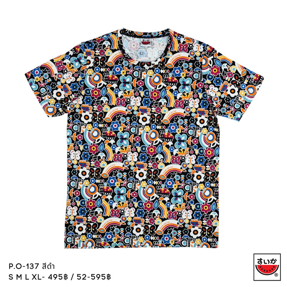 เสื้อแตงโม (SUIKA) - เสื้อยืดคอกลม โปเชียล พิมพ์ลายแมลงดอกไม้ ( P.O-137 )
