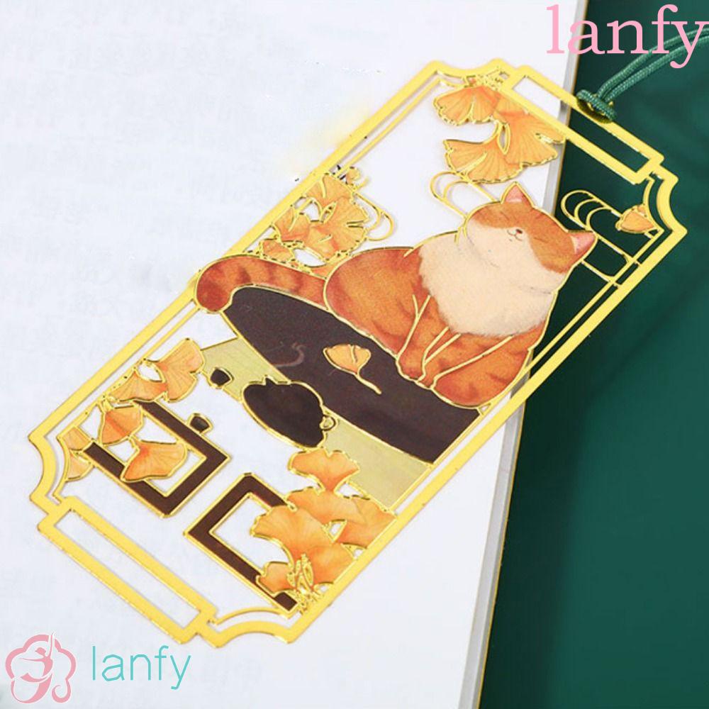 Lanfy ที่คั่นหนังสือ โลหะ ทองเหลือง รูปแมว ฉลุลาย แต่งพู่ สไตล์จีน สร้างสรรค์ สําหรับอ่านหนังสือ