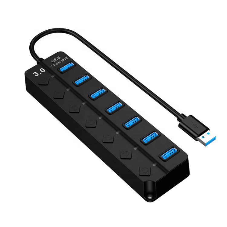 GOOJODOQ อะแดปเตอร์ฮับ USB 3.0 7 พอร์ต USB 3.0 หลายพอร์ต แบบพกพา พร้อมสวิตช์แยก LED แปลงข้อมูล 5Gbps สําหรับแล็ปท็อป PC