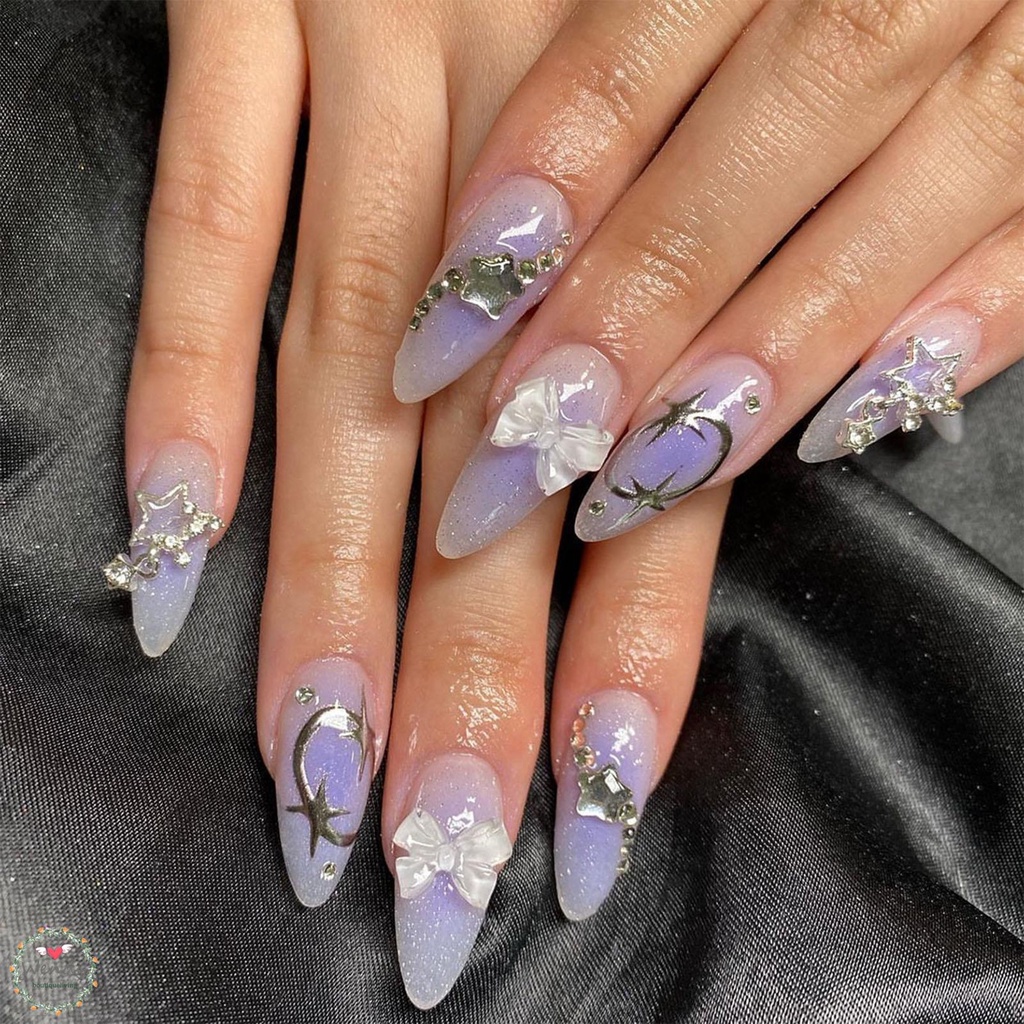 BLNAIL เล็บปลอม แบบกด รูปดาว ประดับโบว์ สีเงิน สีม่วง ใช้ซ้ําได้