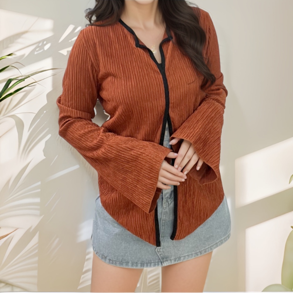 suysuy  พร้อมส่ง เสื้อแขนยาว ไหมพรม คอปก ผ้าร่อง แหวกหน้า ผ้ายืด ใส่สบาย เซ็กซี่ แฟชั่น ผู้หญิง