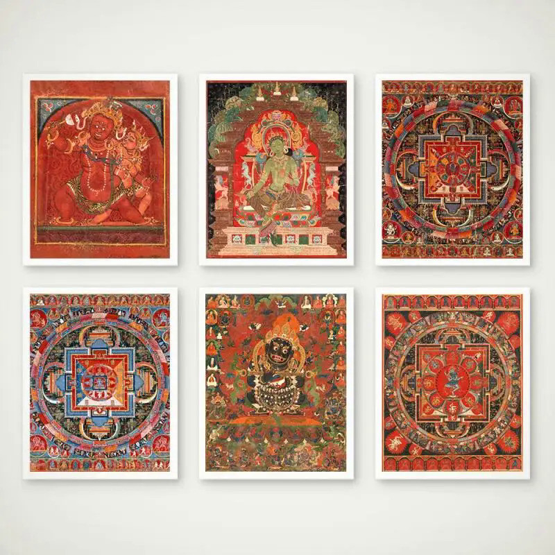 Vintage ทิเบตพุทธ Tangka และ Mandala Art พิมพ์,โปสเตอร์บทคัดย่อ, Kalachakra พุทธศาสนาภาพผนังสําหรับห้องนั่งเล่น 4ADD