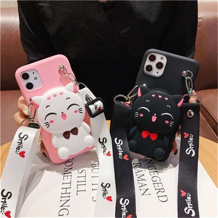 For Huawei Honor 20 Nova 3i 4e 5T 7 7SE 7i Pro P30 Lite Y9 Prime 2019 Y7A Y6P 2020 Cartoon Soft TPU Coin Back Cover Cute 3D Lucky Cat Wallet Bags Phone Case With Lanyard