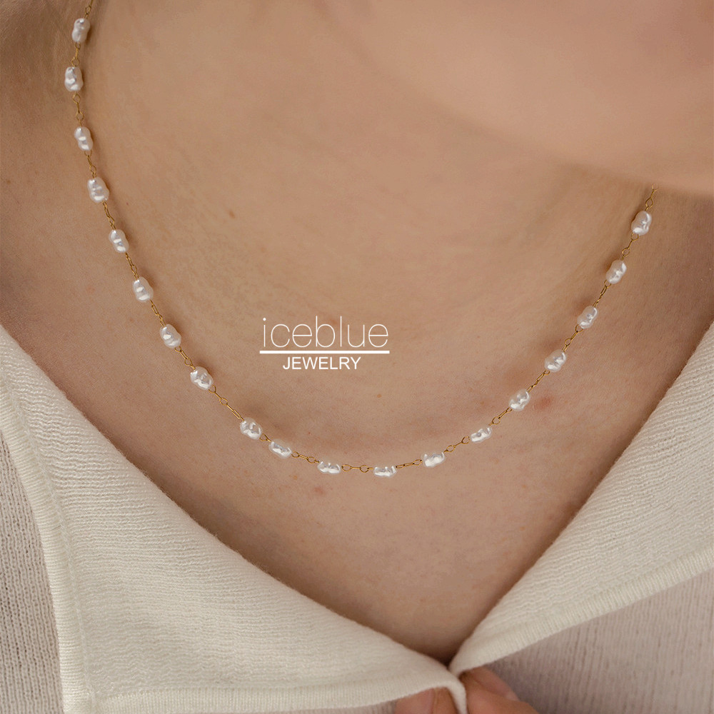 Iceblue-Glass Baroque Pearl Beaded สร้อยคอ 18K Gold Plated Titanium Steel กันน้ํา Non Tarnish Elegant เครื่องประดับสําหรับผู้หญิง N71