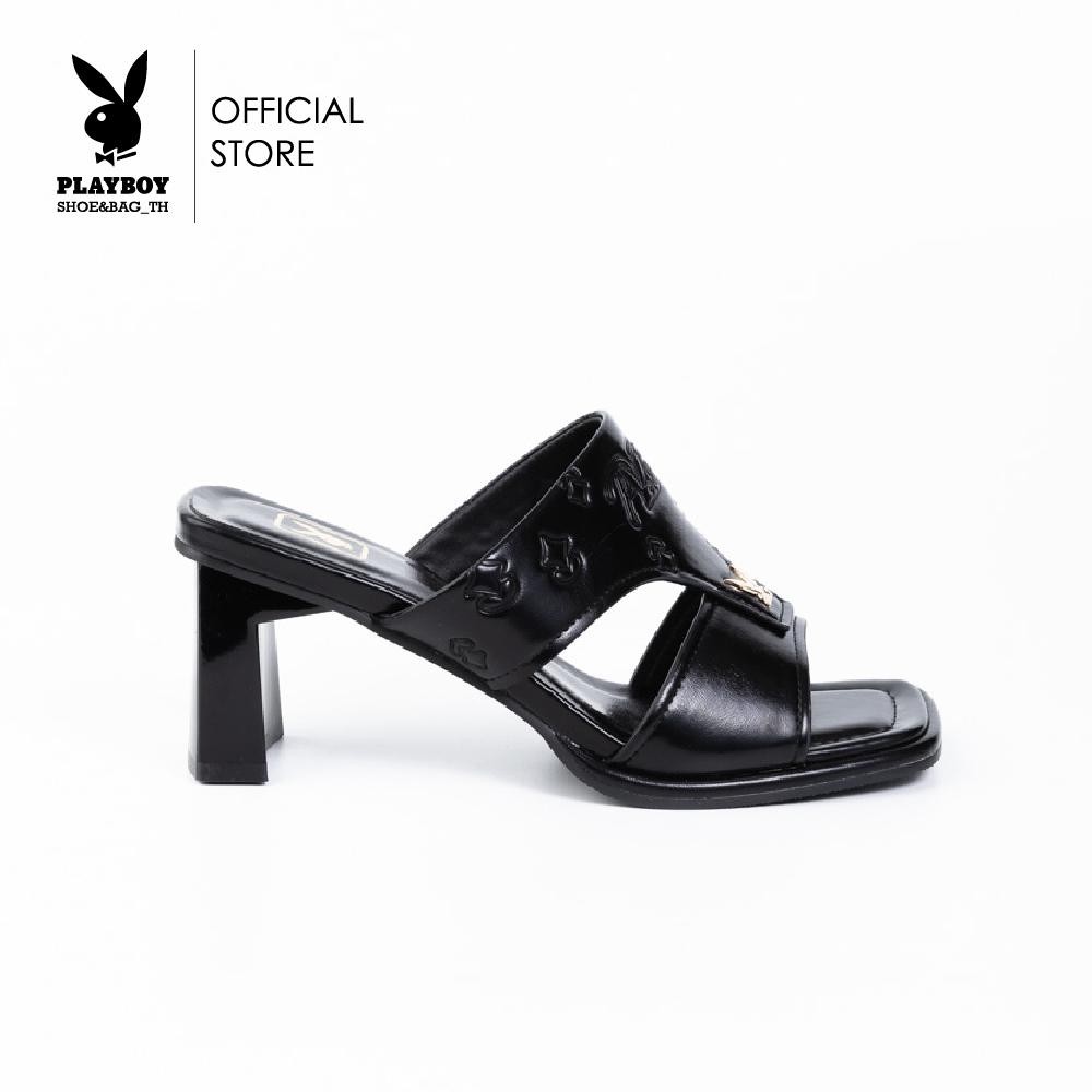 PLAYBOY รองเท้าทรงมิวล์ส้นสูง(Heeled Mules) รหัสST-H251C1196 ดีไซน์รองเท้าส้นสูง แบบเปิดส้น หนังปั๊มนูนโลโก้ มี2สี สีEbo