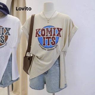 Lovito เสื้อยืดลําลอง แขนสั้น พิมพ์ลายตัวอักษร Draped Asymmetrical Flip Up สําหรับผู้หญิง LNA21020 (แอปริคอท/เทา)