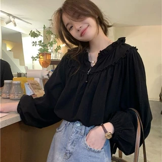 Bh เสื้อเบลาส์ แขนยาว คอกลม ทรงหลวม สไตล์วินเทจ สําหรับผู้หญิง