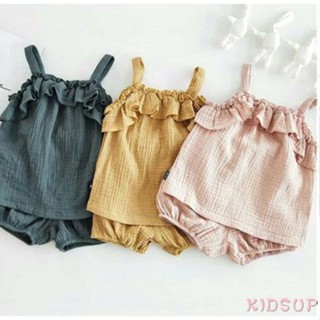 Kidsup1- ชุดเสื้อแขนสั้น กางเกงขาสั้น ผ้าฝ้าย ผ้าลินิน สีพื้น สําหรับเด็กผู้หญิง 2 ชิ้น