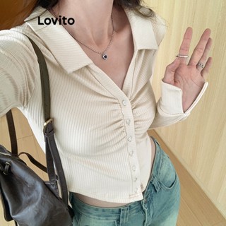 Lovito เสื้อยืดลําลอง แขนยาว จับจีบ แบบเรียบ สําหรับผู้หญิง LNE24136 (แอปริคอท)