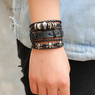 Yonger วินเทจ ลําลอง หนัง สร้อยข้อมือ เสน่ห์ สีดํา หลายชั้น ถักเปีย สร้อยข้อมือ กําไล พังก์ เชือกโซ่ เครื่องประดับ