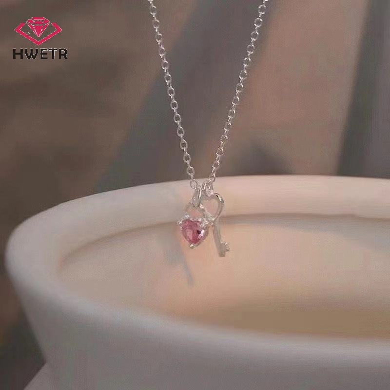 Hwetr ใหม่ สร้อยคอโซ่ จี้หัวใจ ประดับเพทาย สีชมพูอ่อน ขนาดเล็ก หรูหรา เครื่องประดับ สําหรับผู้หญิง