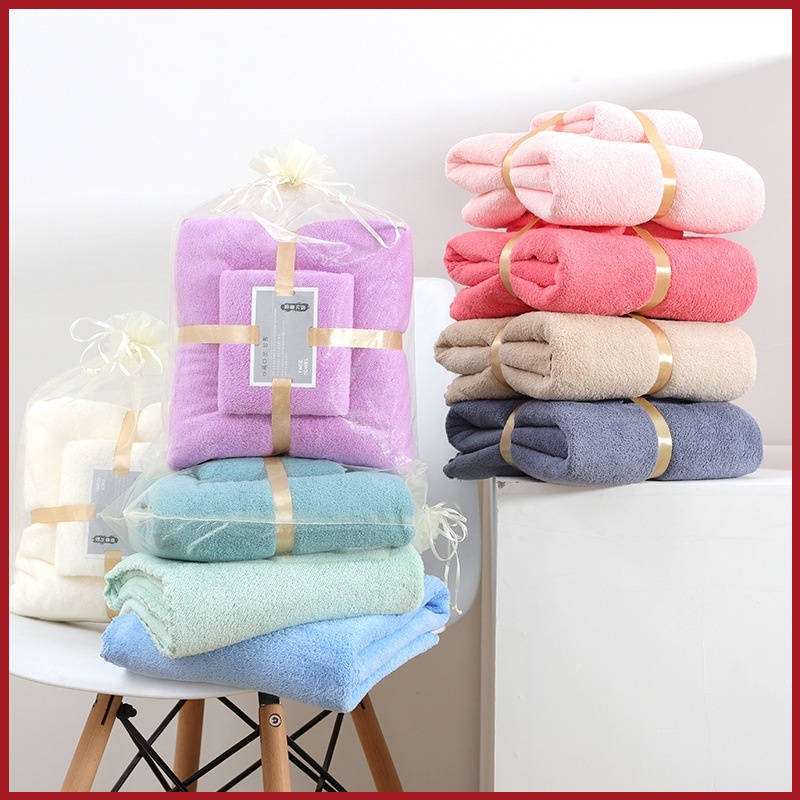 [สินค้าขายดี] ผ้าขนหนูเซต 2ชิ้น ผ้าเช็ดตัวขนเป็ด+ผ้าเช็ดผม ซับน้ำแห้งไว