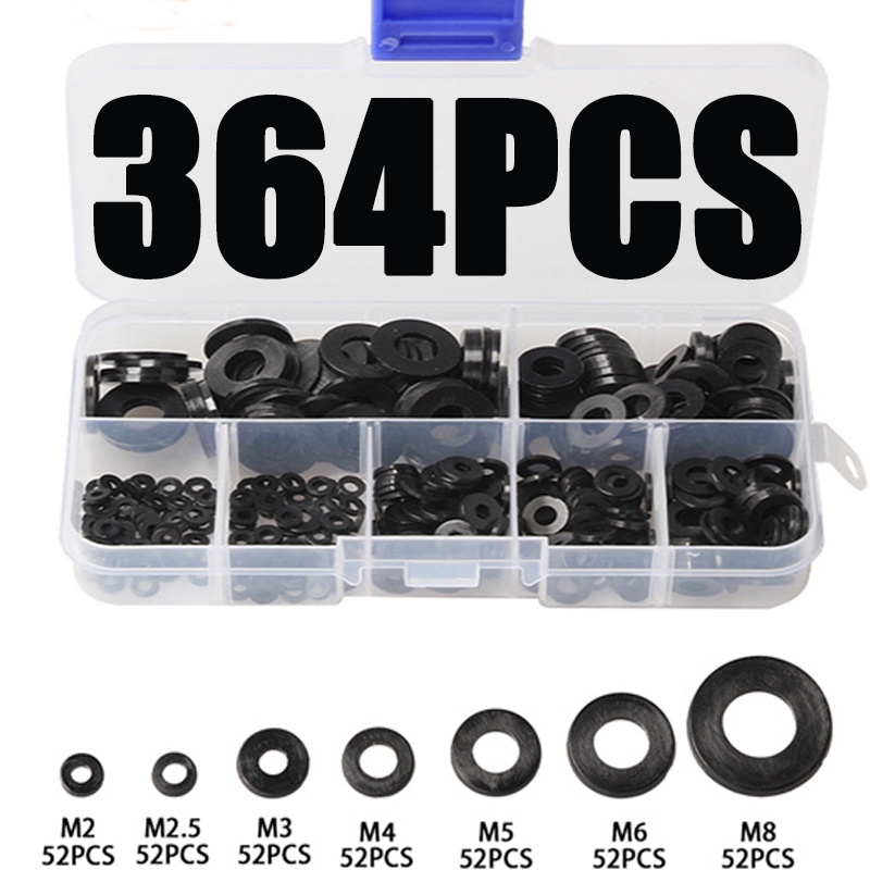 364Pcs Metric M2-M8 Black Nylon Rubber Flat Ring Plain Repair Washer Furniture Gasket Assortment Kit