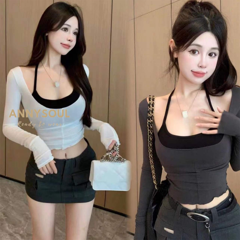 เซ็ต2ชิ้น เสื้อกล้ามคล้องคอ+เสื้อคลุมแขนยาว ผ้ายืดนุ่มใส่สบาย