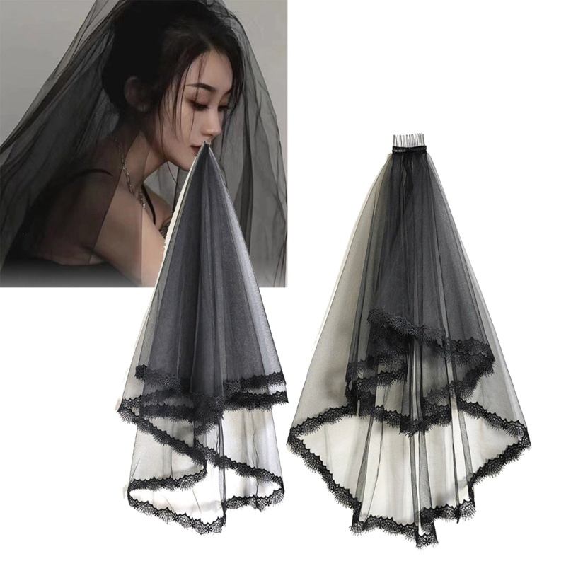 COO Punk เจ้าสาว Layered Veil Headpieces ลูกไม้ดอกไม้ Trim งานแต่งงานเจ้าสาว Veil Tulle ฮาโลวีนเจ้าส