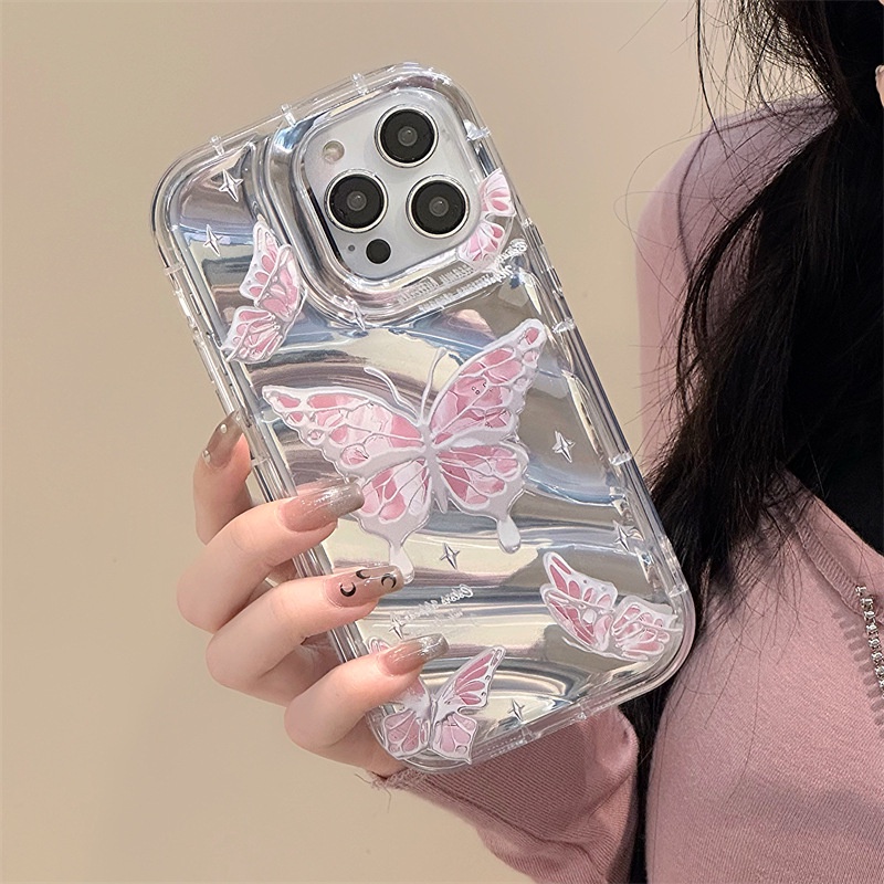 คลื่น เลเซอร์ เคสโทรศัพท์ for iphone 11 12 13 14 15 Pro Max XR X 7 6 8 Plus XS ชัดเจน กันกระแทก เคสมือถือ ผีเสื้อสีชมพู