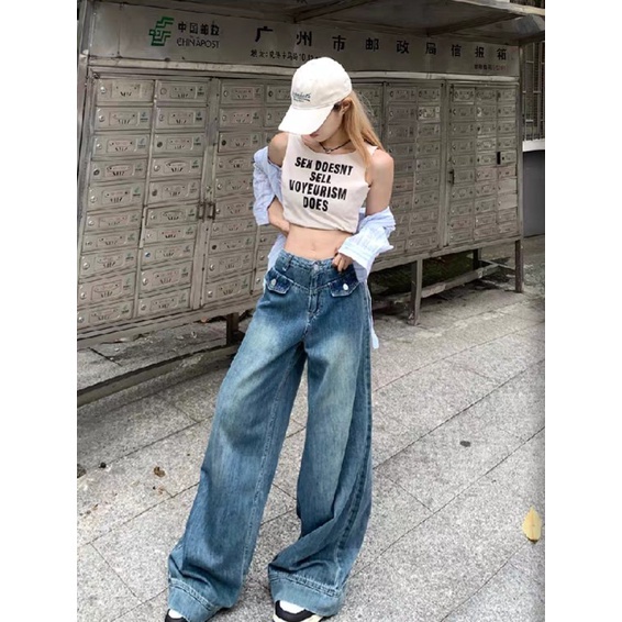 L.A Shop พร้อมส่ง กางเกงยีนส์ทรงกระบอก เอวสูง ขายาว ดีเทลปลายขาม้าเล็กๆ "6385" -NZ
