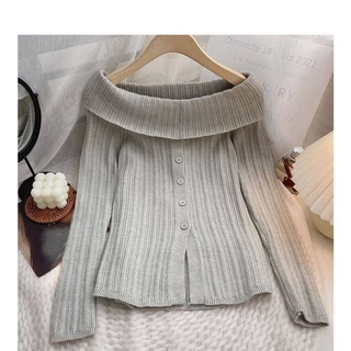 Gakki เสื้อยืดหญิงไหมพรมปาดไหล่แขนยาวกันหนาว ผญ ผ้านิ่มใส่สบาย ฟรีไซส์ พร้อมส่ง A3199#