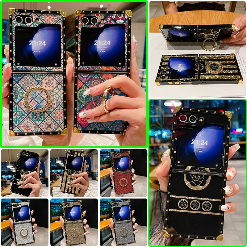 หรูหรา Retro ดอกไม้สแควร์ฝาครอบปลอก Samsung Galaxy Z Flip 5 Z Flip 4 Z Flip 6 Glitter เพชรผู้ถือแหวน