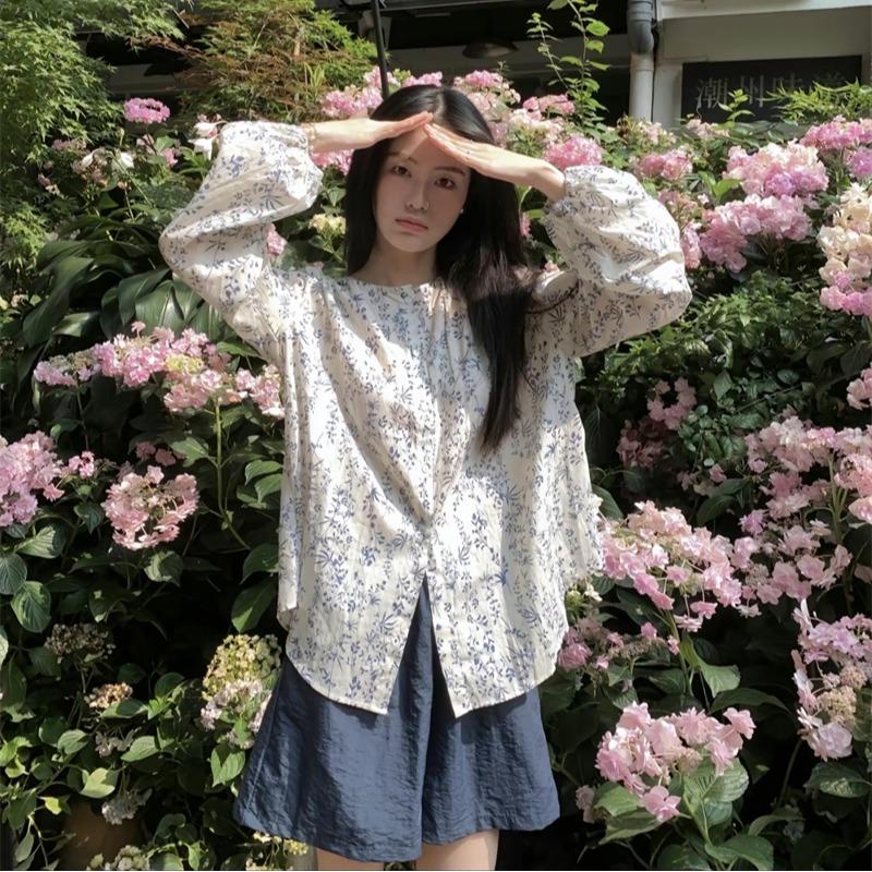littlebee.shop.W280 เสื้อเชิ้ตแขนยาว คอกลม ผ้าชีฟอง แบบบาง ทรงหลวม ลายดอกไม้ ขนาดเล็ก สําหรับผู้ชาย และผู้หญิง