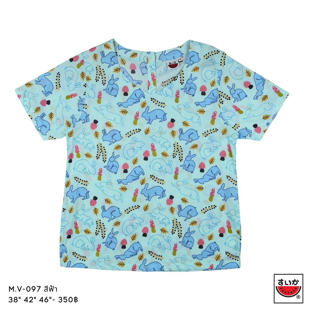 เสื้อแตงโม (SUIKA) - เสื้อผ้าป่านมัสลิน คอวีกระดุมหลังแขนสั้น (M.V-097)