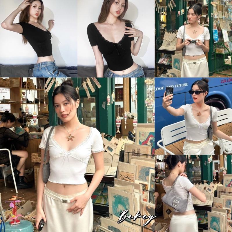 (จัดส่งจากกรุงเทพ ) เสื้อยืดคอวี แขนสั้นสีทึบ เซ็กซี่ ของผู้หญิง ใหม่ ลูกไม้