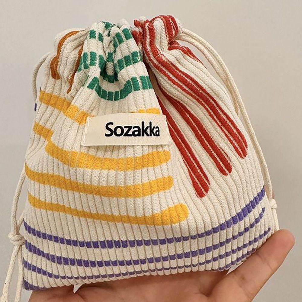 Mih Corduroy Drawstring Bag, Color Line Coin Purse Vintage Drawstring Pocket, 2024 Pastoral วรรณกรรมสไตล์เครื่องประดับกระเป๋าผู้หญิงสุภาพสตรี