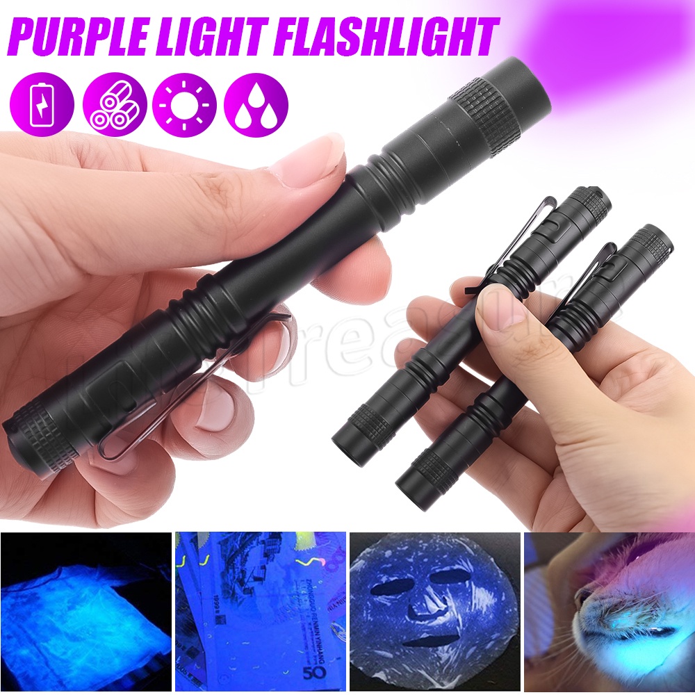 [ Featured ] ไฟฉาย UV 395NM / ใช้แบตเตอรี่ แสงอัลตร้าไวโอเล็ต / ไฟฉาย LED ขนาดเล็ก สีม่วง / ปากกาพกพา คลิปออกแบบ ไฟฉาย / สัตว์เลี้ยง คราบปัสสาวะ แมงป่อง ตรวจจับ