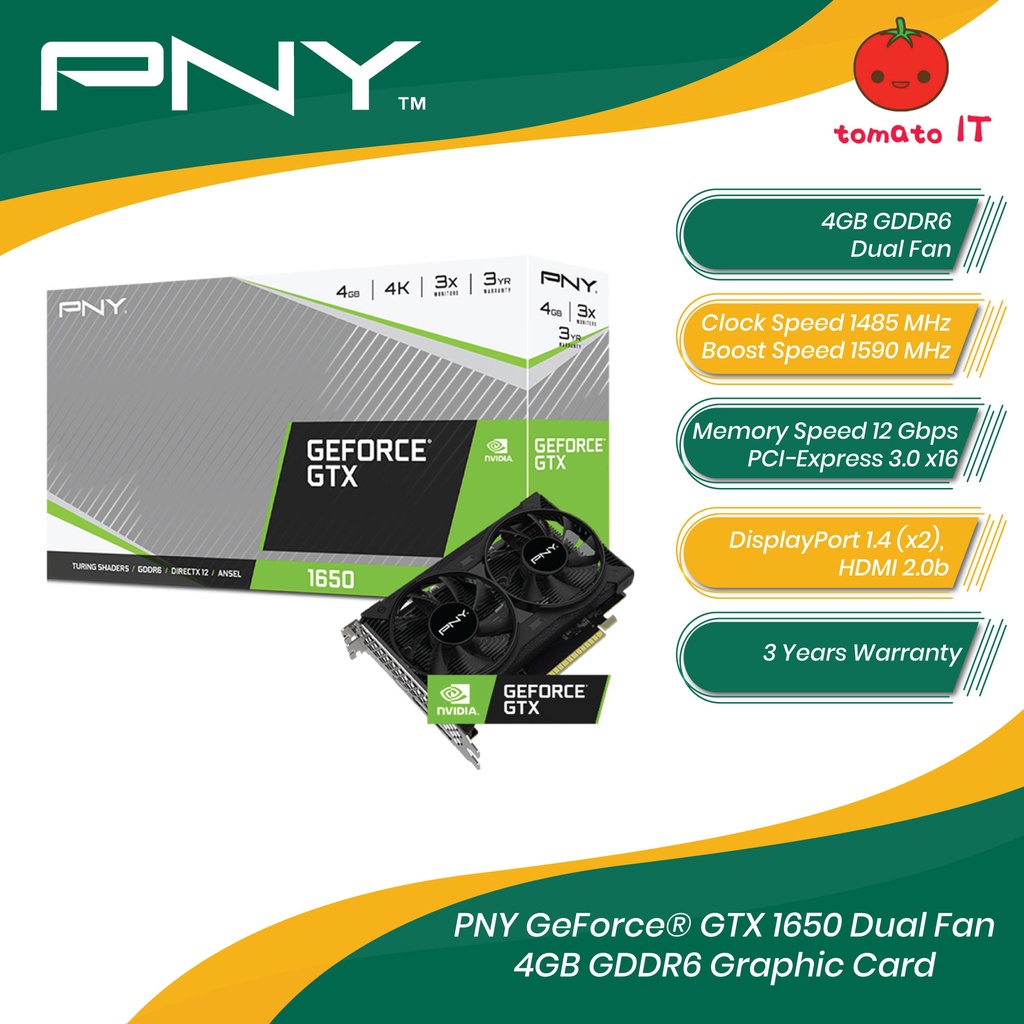 การ์ดจอ PNY Nvidia GeForce GTX 1650 Dual Fan 4GB GDDR6