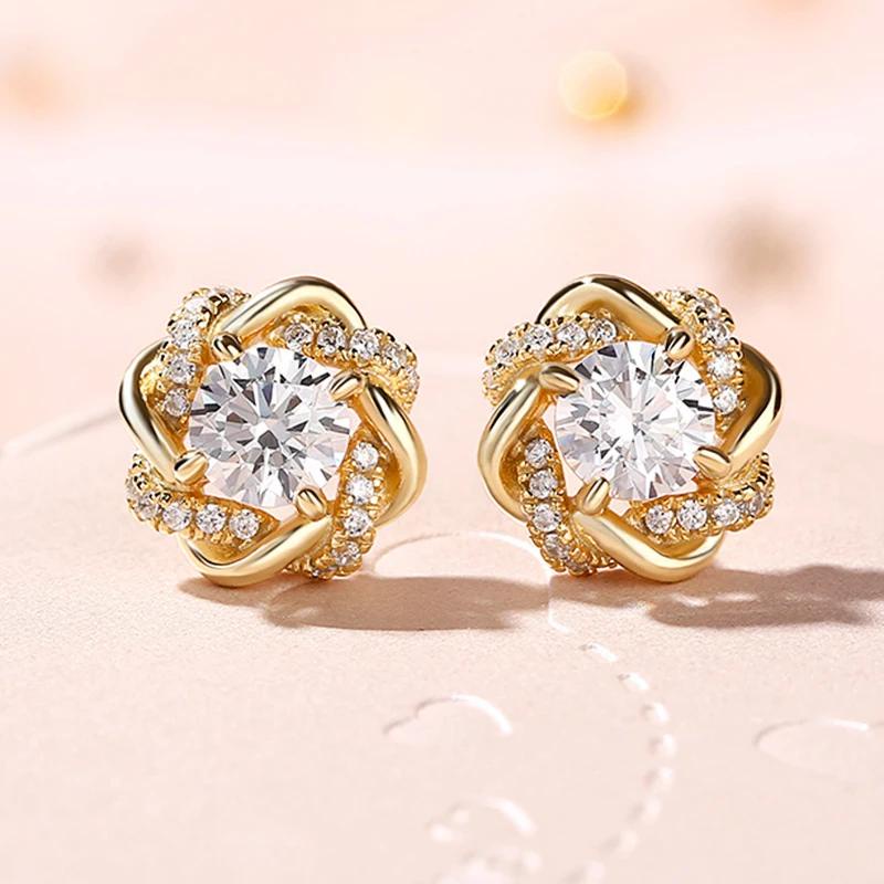 925 เงินพราววงกลมรอบการออกแบบสีทองหูสตั๊ดต่างหูผู้หญิง Brilliant Cubic Zirconia อารมณ์เครื่องประดับหวาน