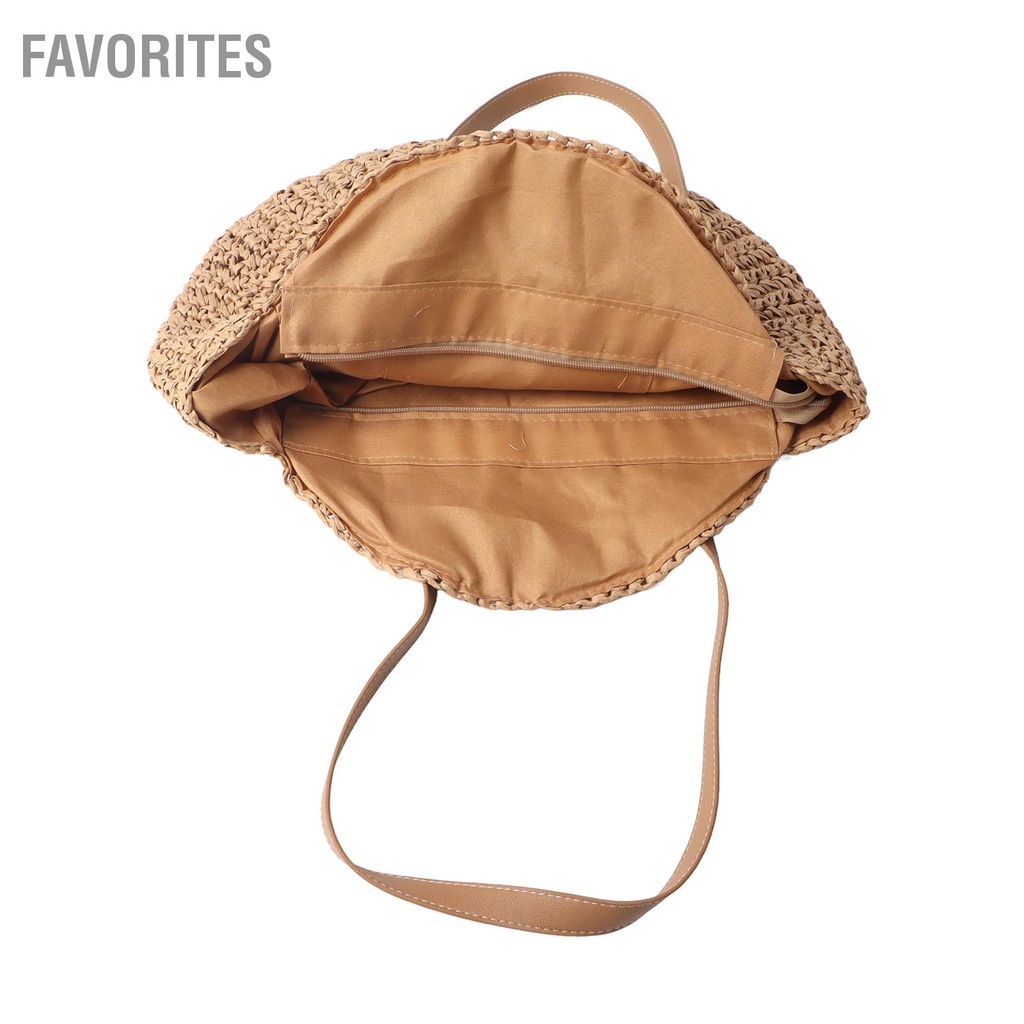 Favorites กระเป๋าถือฟางทอมือกระเป๋าชายหาดสีกากีทรงกลมสำหรับผู้หญิงเดินทางเดินทางช้อปปิ้ง