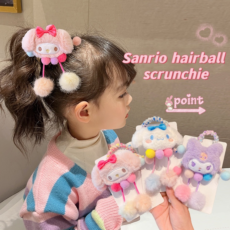 เด็กน่ารัก Sanrio Hairball เชือกผม Kuromi Melody Cinnamoroll แหวนผมสาว Plush Scrunchies ยืดหยุ่นสูงยางรัดผมผมหางม้าสูงอุปกรณ์เสริมผม