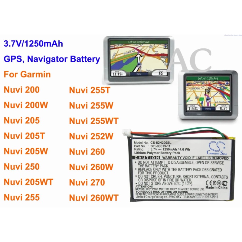 AC Cameron Sino 1250mAh Battery for Garmin Nuvi 200, 200W,205,205T,205W,205WT,250,252W,255, 255T, 25