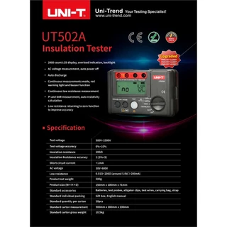 แท้ ส่งจากไทย UNI-T UT502A เมกะโอมห์มิเตอร์ ดิจิตอล 2500V เครื่องวัดความเป็นฉนวน วัดความต้านทานฉนวน insulation