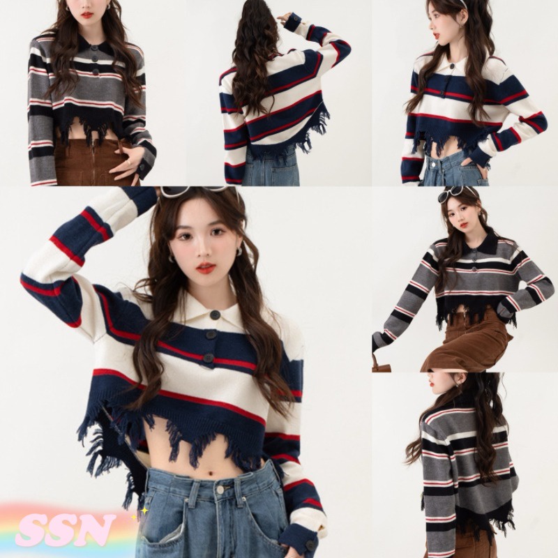 (จัดส่งจากประเทศไทย) ฤดูใบไม้ร่วงแฟชั่นใหม่ฉีกท็อปส์ซูพืช เสื้อสเวตเตอร์แขนยาวลายอเมริกันเรโทร