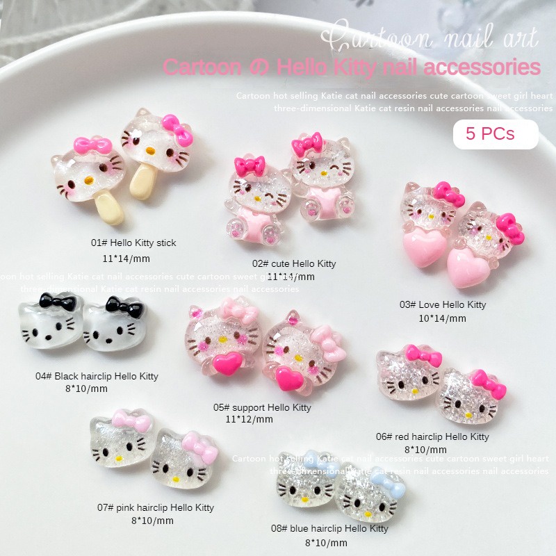 อุปกรณ์เพ้นท์เล็บลาย Hello Kitty สามมิติน่ารัก 5 ชิ้น / ตกแต่งเล็บแมวโบว์น้ำแข็ง