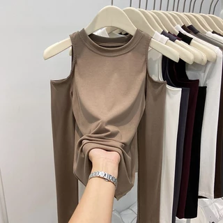 Bh เสื้อยืดแขนยาว คอกลม ผ้าฝ้าย เปิดไหล่ ทรงเข้ารูป สไตล์เกาหลี สําหรับผู้หญิง