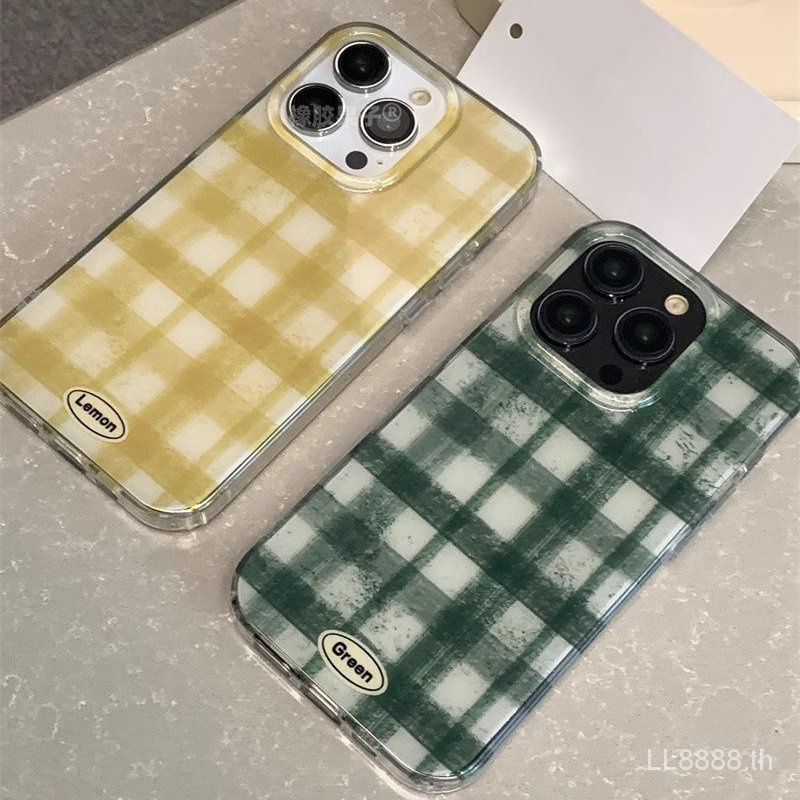 เคสป้องกันโทรศัพท์มือถือ ลายตาราง สีเหลือง กันกระแทก สําหรับ iPhone 15ProMax 14 13Pro 12 11 xsmax xr xsmax 7 8plus E1SH
