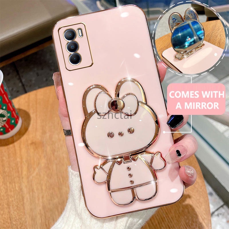 เคสโทรศัพท์ oppo a16 เคสโทรศัพท์เคสโทรศัพท์พร้อมที่วางกระต่ายน่ารักกระจกในตัวยึด oppo a16